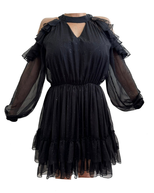 Achers black glitter cold shoulder dress