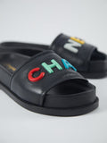 CHANEL SLIDE SANDALS BLACK WITH MULTICOLOUR LOGO