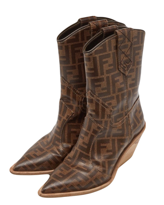 Fendi Brown Zucca Coated Canvas Pointed Toe Ankle Boots