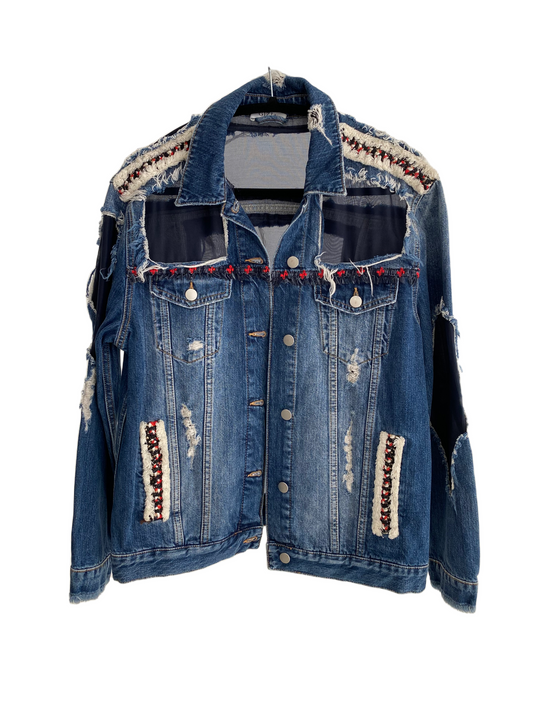 Gizia Denim jacket with embroidery and mesh