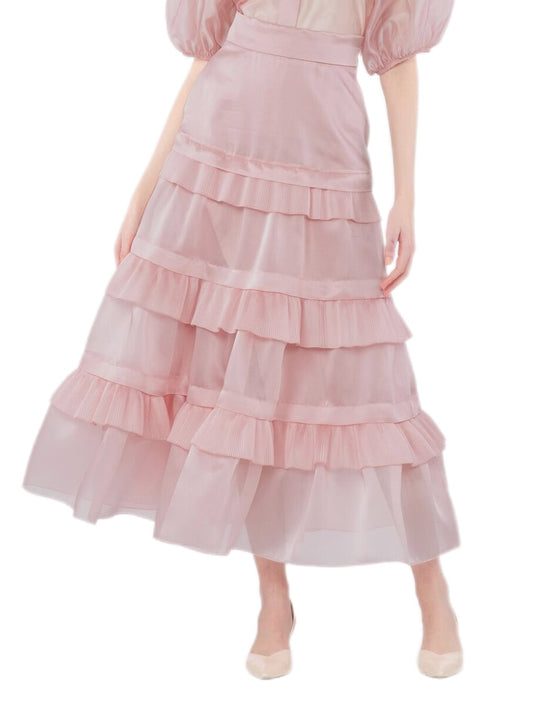 Gizia pink pleated frill midi skirt