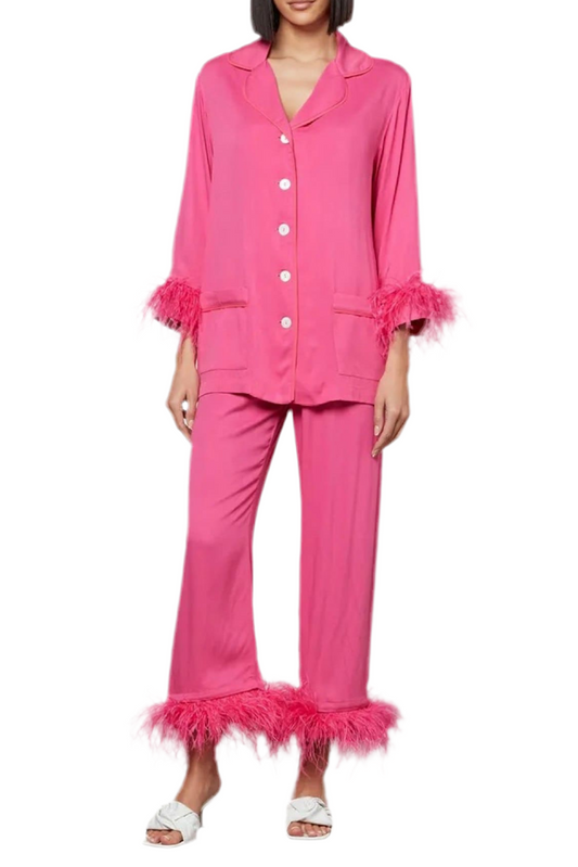 Sleeper Party Pajama Set with Feathers in Hot Pink