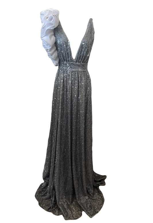 Rasario silver sequin gown dress