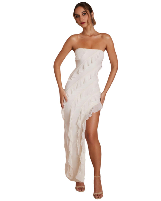 NEVALI Bandeau Ruffle Detail Maxi Dress in Ivory