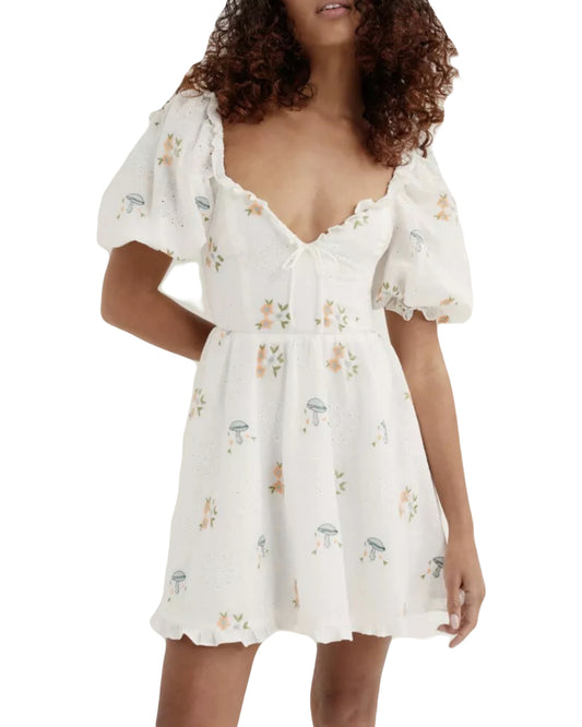 For Love & Lemons Yolanda puff sleeve Mushroom Embroidered Floral Mini Dress