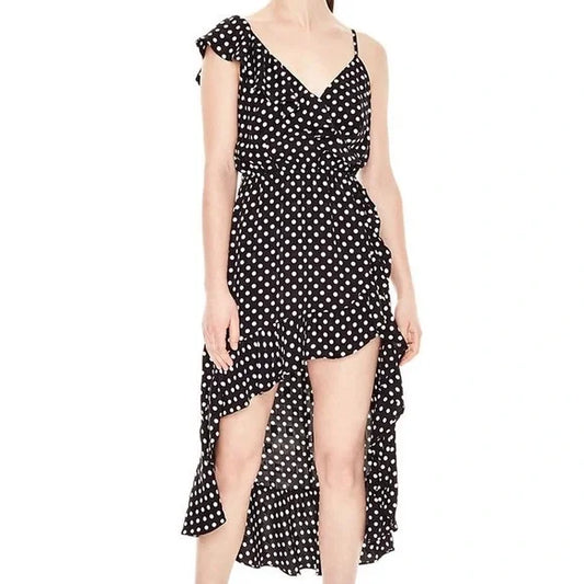 Sandro asymmetrical polka dot ruffle midi dress