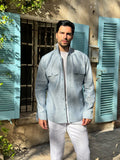 100% Capri blue reversible linen shirt