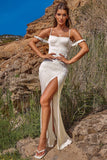 Oh Polly Shirred Thigh High Split Maxi Dress in White