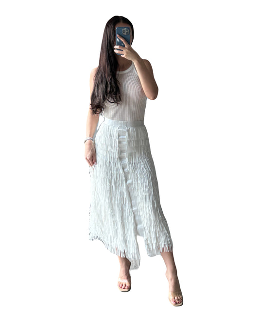 Flannel white tassel long Skirt