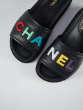 CHANEL SLIDE SANDALS BLACK WITH MULTICOLOUR LOGO