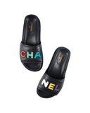 CHANEL SLIDE SANDALS BLACK WITH MULTICOLOUR LOGO