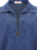 Valentino VGOLD Logo Plaque Cut-Out Detailed Denim Kaftan Dress