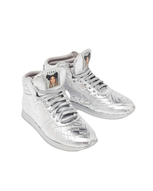 Fendi X Nicki Minaj Silver Laminated Leather High Top Sneakers