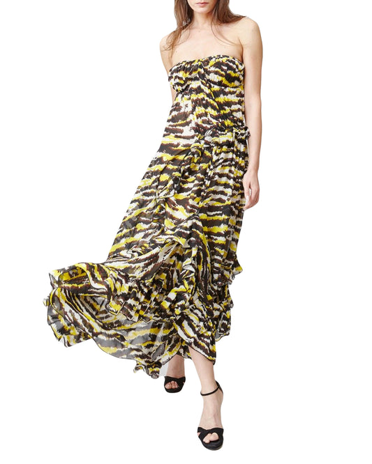 Missoni Yellow And Black Tiger Print Silk Strapless Tansy Midi Dress