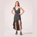 Sandro asymmetrical polka dot ruffle midi dress