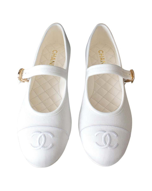 Chanel White Mary Jane Ballerina Shoes CC 2024