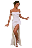 Oh Polly Shirred Thigh High Split Maxi Dress in White