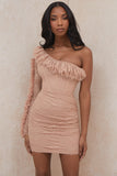 House of CB Adele Biscuit  Asymmetric Mini Ruffle Dress