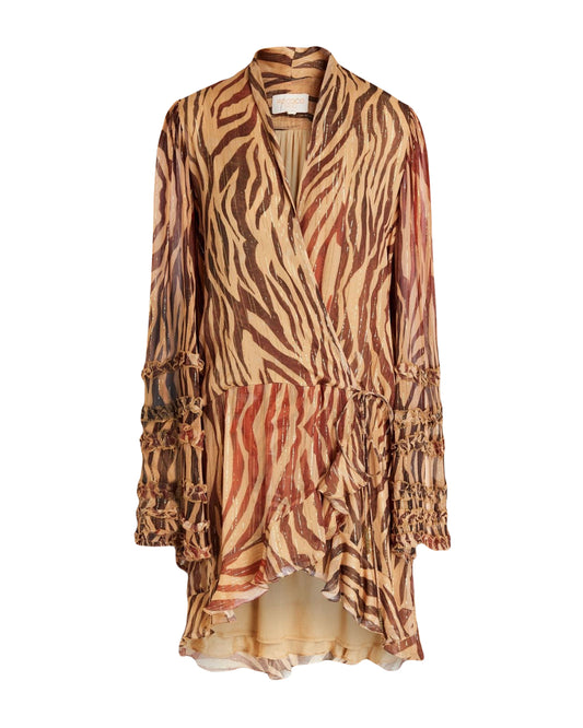 ROCOCO SAND Wrap-effect zebra-print metallic chiffon mini dress