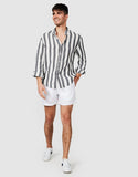 Vacay Linen White and Gray Stripped Button Up Shirt