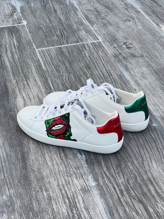 Gucci White Leather Sneakers With Lips