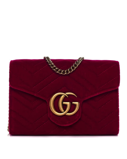 GUCCI Velvet Matelasse GG Marmont Chain Wallet Fuchsia Violet Cyclamen