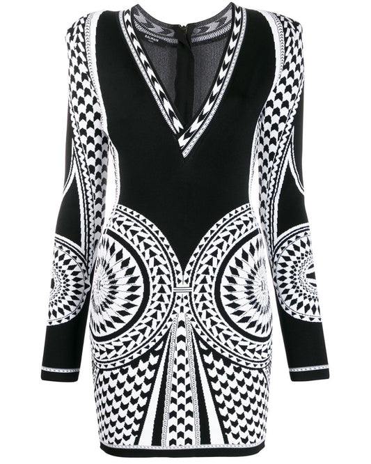 Balmain Black/White Patterned Long Sleeve Dress