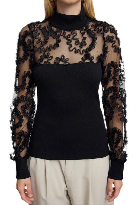 Buketli Collection Black Long-Sleeve Detailed Blouse