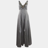 Moschino Vintage Gray Floral Detail Silk Blend Pleated Gown/Dress