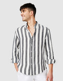 Vacay Linen White and Gray Stripped Button Up Shirt