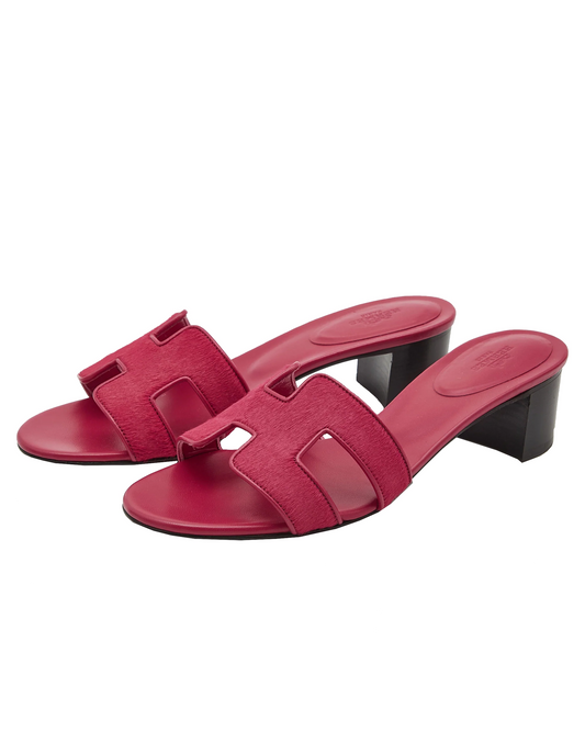 Hermes dark pink calf hair oasis slides