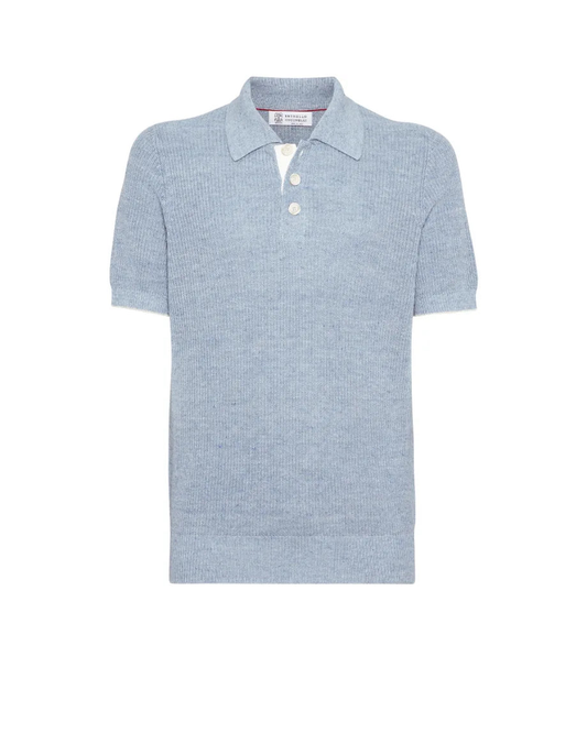 Brunello Cucinelli blue rib knitted short sleeve polo shirt